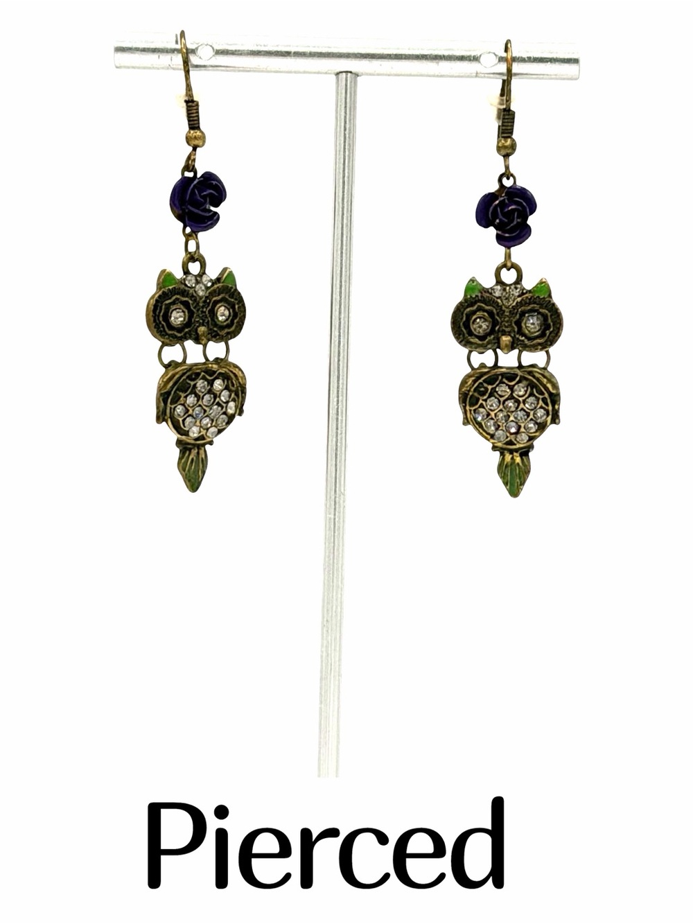 Bronze Owl Purple Rose Metal Crystal Dangle Pierced Earring’s Jewelry Bird